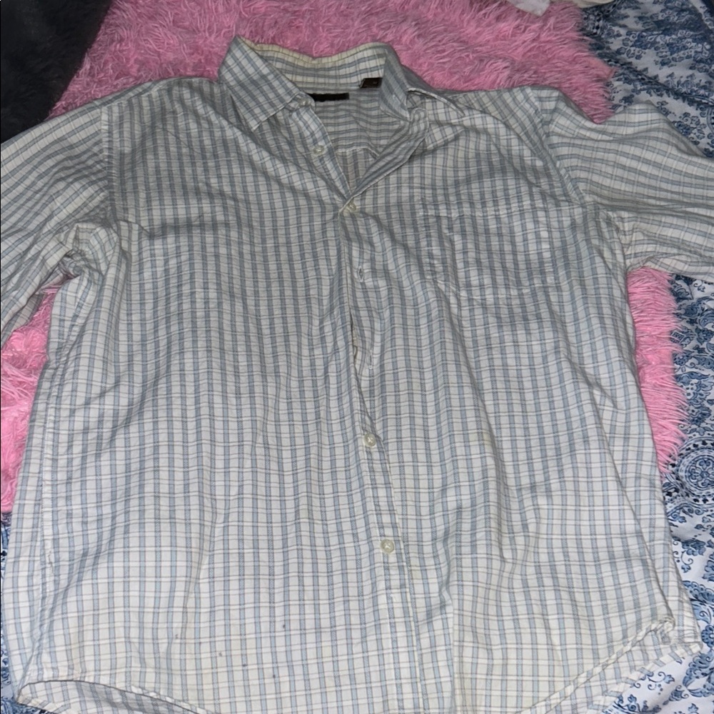 Perry Ellis Blue and White Plaid Casual Shirt
